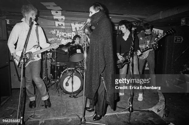 British punk band The Damned rehearse with a new line up at The Hope and Anchor, Islington, London, 1978. L-R Captain Sensible, Jon Moss , Dave...