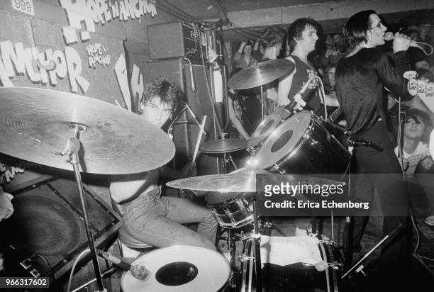 View from the stage showing a sweaty punk audience watching The Damned perform with a new line up at The Hope and Anchor, Islington, London, 1978....