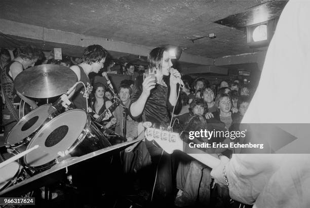 View from the stage showing a sweaty punk audience watching The Damned perform with a new line up at The Hope and Anchor, Islington, London, 1978....