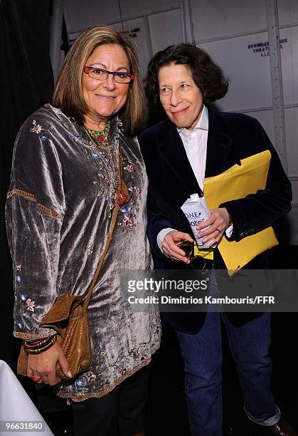 Senioe Vice President of IMG Fern Mallis and writer Fran Lebowitz backstage at Naomi Campbell's Fashion For Relief Haiti NYC 2010 Fashion Show during...