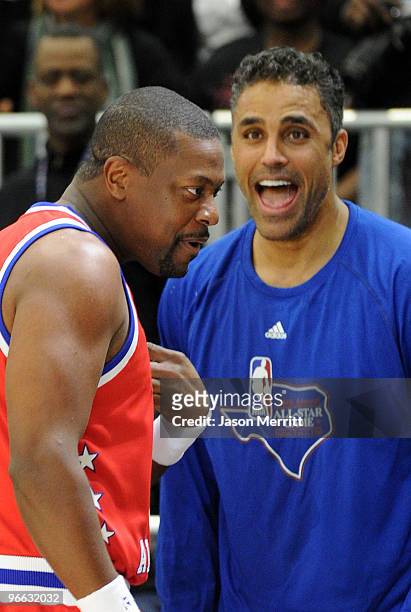 Actors Chris Tucker and Rick Fox speak during the NBA All-Star celebrity game presented by Final Fantasy XIII held at the Dallas Convention Center on...