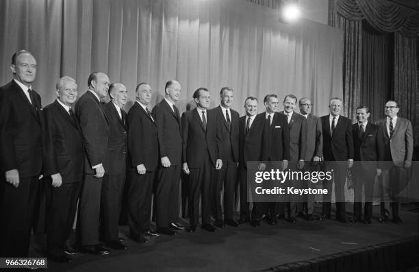 President-elect Richard Nixon and Vice-President Spiro Agnew with the new cabinet appointees at the Shoreham Hotel in Washington, DC, 17th December...