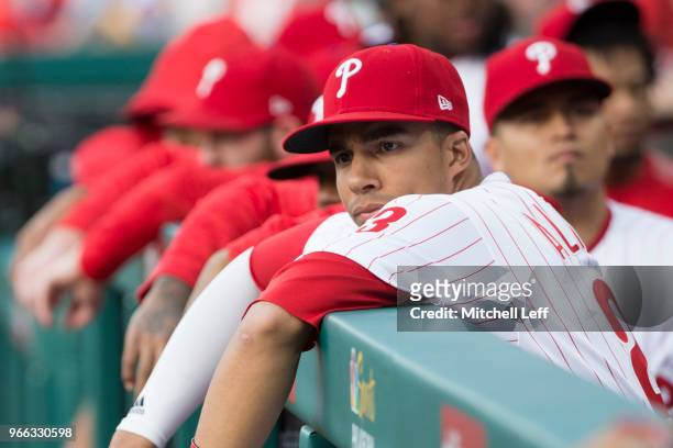Aaron Altherr of the Philadelphia Phillies looks on from the dugout against the Atlanta Braves at Citizens Bank Park on May 21, 2018 in Philadelphia,...