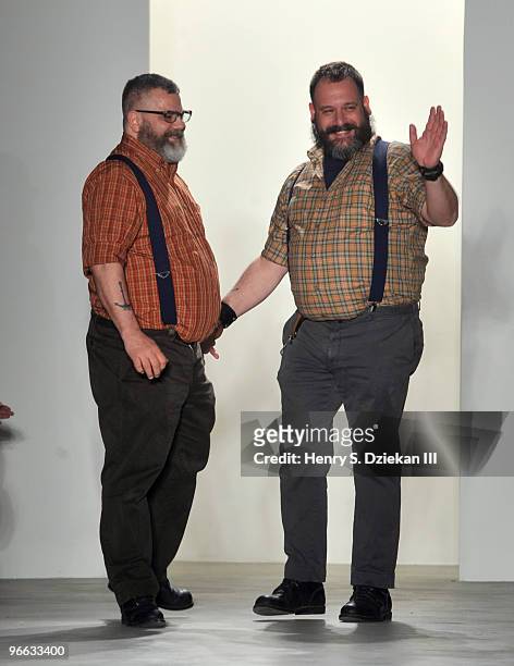 Designers Jeffrey Costello and Robert Tagliapietra attends the Costello Tagliapietra Fall/Winter 2010 fashion show at Milk Studios on February 12,...