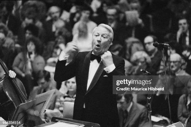 British politician of the Conservative Party Edward Heath conducting an orchestra, UK, 8th November 1978.