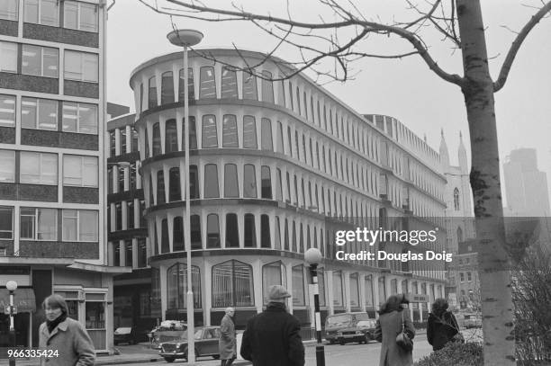 Exterior view of modern office building 30 Cannon Street, designed by Whinney, Son & Austen Hall as an office building for Credit Lyonnais, London,...