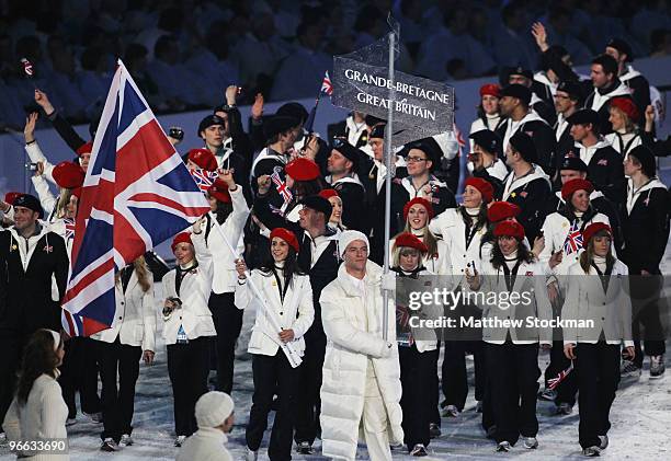 Flag bearer Shelley Rudman of Great Britain leads her team into the Opening Ceremony of the 2010 Vancouver Winter Olympics at BC Place on February...