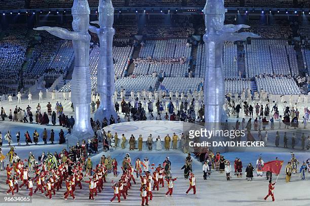 Athletes and members of China's delegation attend the opening ceremony for the Vancouver Winter Olympics at BC place in Vancouver on February 12,...