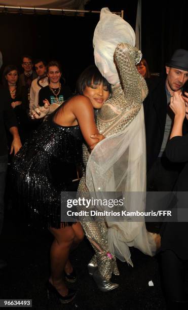 Naomi Campbell and Daphne Guinness prepare backstage at Naomi Campbell's Fashion For Relief Haiti NYC 2010 Fashion Show during Mercedes-Benz Fashion...