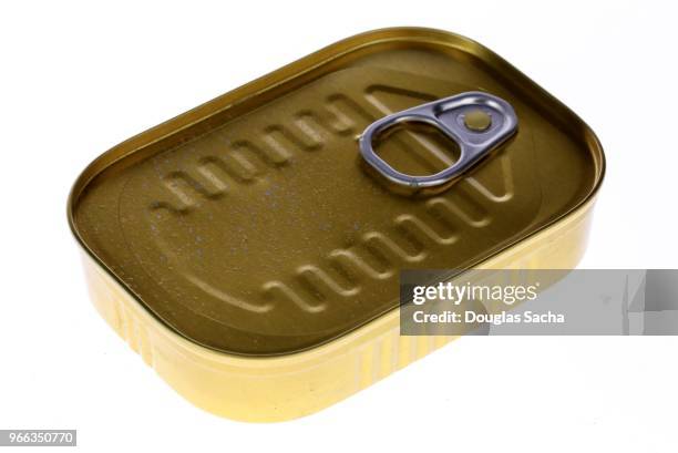 tin can of preserved sardine fish with pull tab lid - canister vacuum stock pictures, royalty-free photos & images