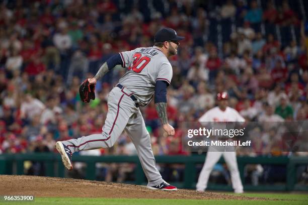 Peter Moylan of the Atlanta Braves pitches against the Philadelphia Phillies at Citizens Bank Park on May 23, 2018 in Philadelphia, Pennsylvania.