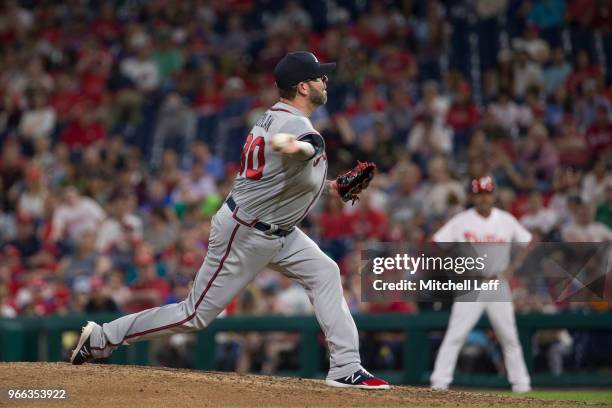 Peter Moylan of the Atlanta Braves pitches against the Philadelphia Phillies at Citizens Bank Park on May 23, 2018 in Philadelphia, Pennsylvania.
