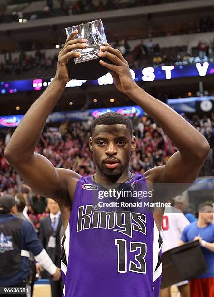 Tyreke Evans of the Rookie team holds MVP trophy after defeating the Sophomore team during the T-Mobile Rookie Challenge & Youth Jam part of 2010 NBA...