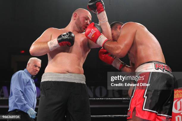 Adam Kownacki lands a left hand against Rodney Hernandez at the Lowell Memorial Auditorium in Lowell, MA on October 10, 2015. Kownacki would win by...