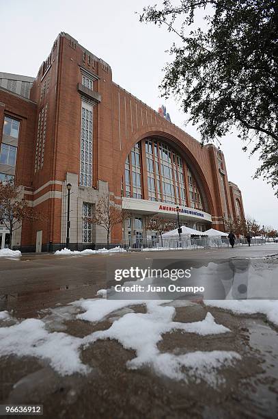 This image shows the exterior of the American Airlines Center prior to the T-Mobile Rookie Challenge on February 12, 2010 in Dallas, Texas. NOTE TO...