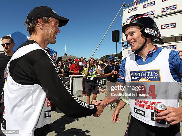 Gordon Walker congratulates Dougal Allan on finishing second after winning the one day event during the Speight's Coast to Coast on February 13, 2010...
