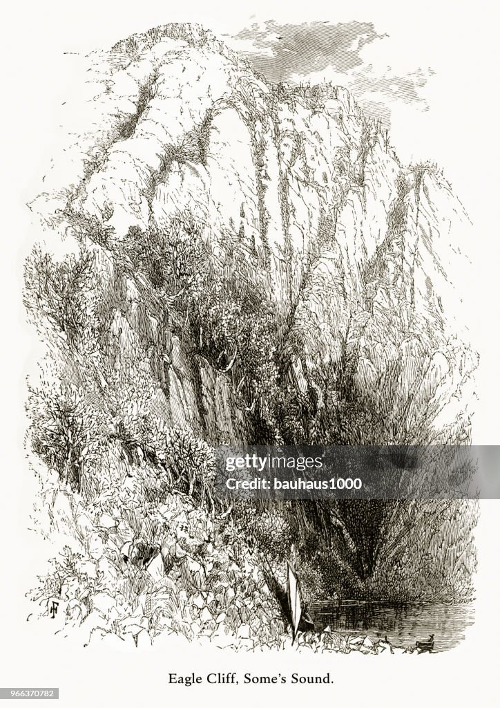 Eagle Cliff, Some’s Sound, Eagle Lake, Maine, United States, American Victorian Engraving, 1872