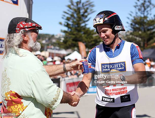 Race director Robin Judkins congratulates Dougal Allan on finishing second during the one day event during the Speight's Coast to Coast on February...