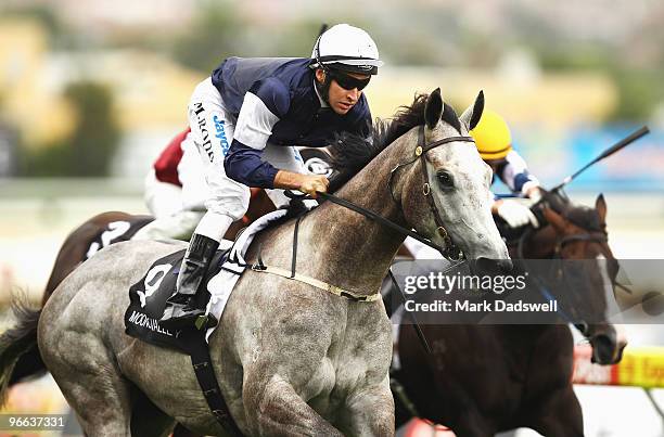 Jockey Michael Rodd riding Linton wins Race 6 the Top Cut Alister Clark Stakes during William Reid Stakes Day at Moonee Valley Racecourse on February...