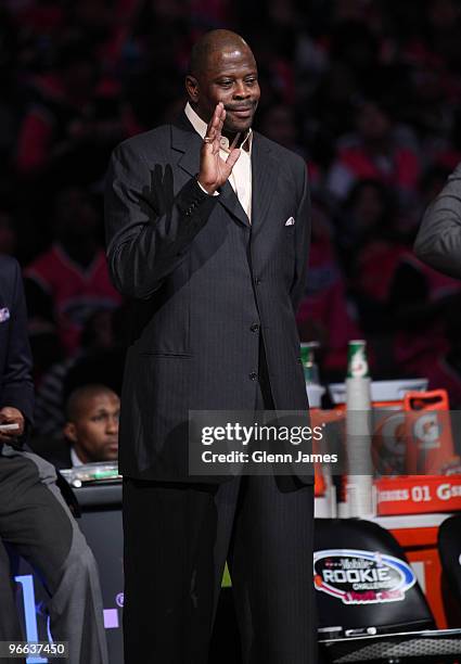 Patrick Ewing, NBA Legend and head coach of the Sophomore Team acknowledges the crowd as he is introduced to the crowd against the Rookie Team during...