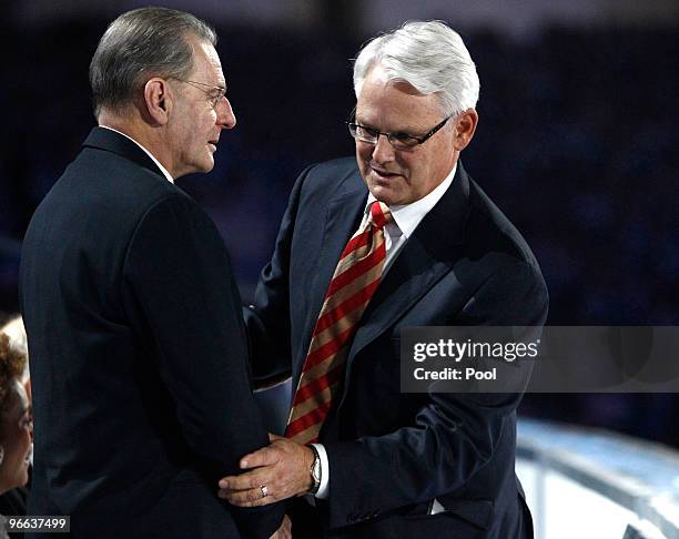 President Jacques Rogge and Premier of British Columbia Gordon Campbell attend the Opening Ceremony of the 2010 Vancouver Winter Olympics at BC Place...