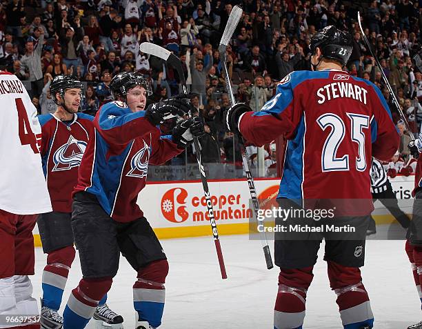 Matt Duchene of the Colorado Avalanche celebrates a goal with Chris Stewart against the Phoenix Coyotes at the Pepsi Center on February 12, 2010 in...