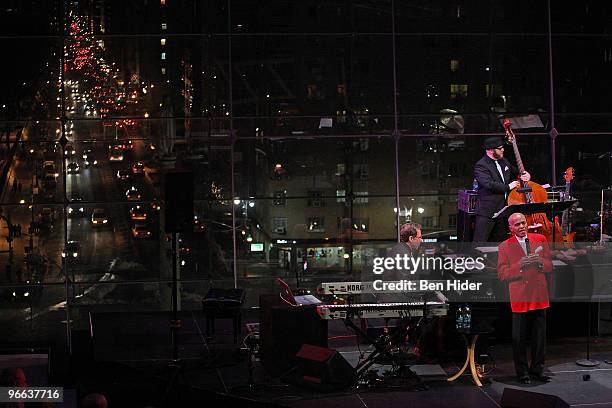 Pianist and Musical Director Yaron Gershovsky, Bassist Gary Wicks of The Manhattan Transfer and Jon Hendricks perform in the Allen Room at Frederick...