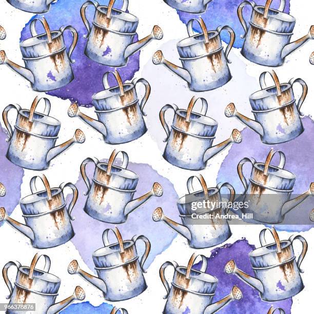 watering can watercolor and ink drawing in seamless pattern - green finger print stock illustrations