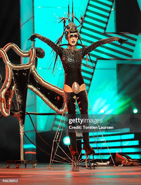 Contestant participates in the 2010 Drag Queen Show gala at Las Palmas de Gran Canaria in Parque Catalina on February 12, 2010 in Las Palmas, Spain.