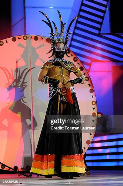 Contestant participates in the 2010 Drag Queen Show gala at Las Palmas de Gran Canaria in Parque Catalina on February 12, 2010 in Las Palmas, Spain.