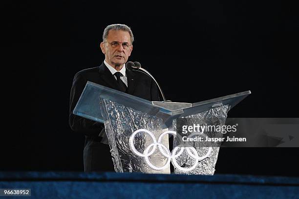 President Jacques Rogge makes a speech during the Opening Ceremony of the 2010 Vancouver Winter Olympics at BC Place on February 12, 2010 in...