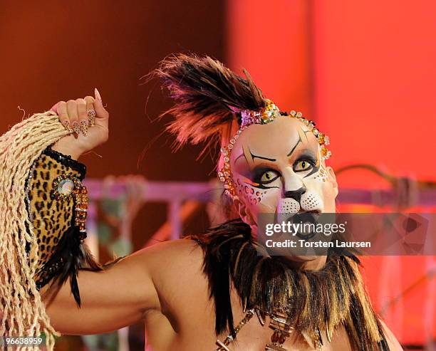 Contestant participates in the 2010 Drag Queen Show gala at Las Palmas de Gran Canaria in Parque Catalina on February 12, 2010 in Las Palmas, Spain.