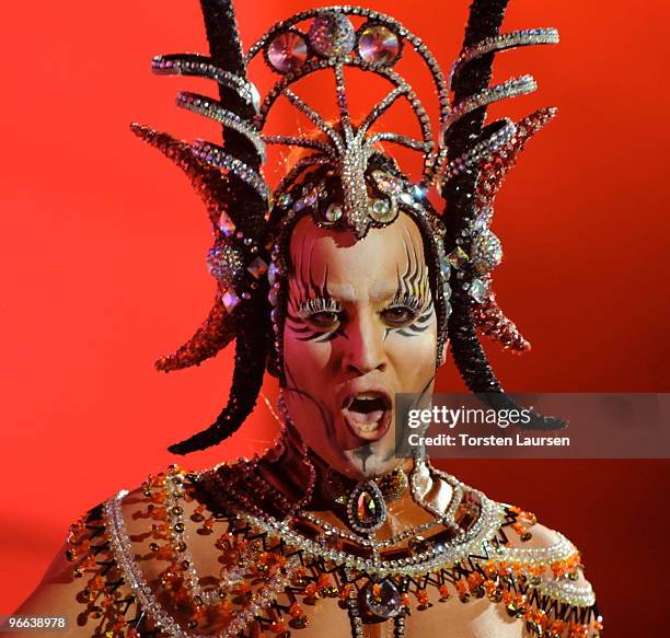 Contestant participates in the 2010 Drag Queen Show gala at Las Palmas de Gran Canaria in Parque Catalina on February 12, 2010 in Las Palmas, Spain.