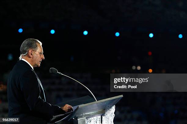 President Jacques Rogge speaks during the Opening Ceremony of the 2010 Vancouver Winter Olympics at BC Place on February 12, 2010 in Vancouver,...