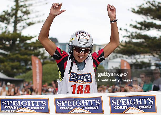 Elina Ussher of Nelson celebrates winning the one day event during the Speight's Coast to Coast on February 13, 2010 in Christchurch, New Zealand.