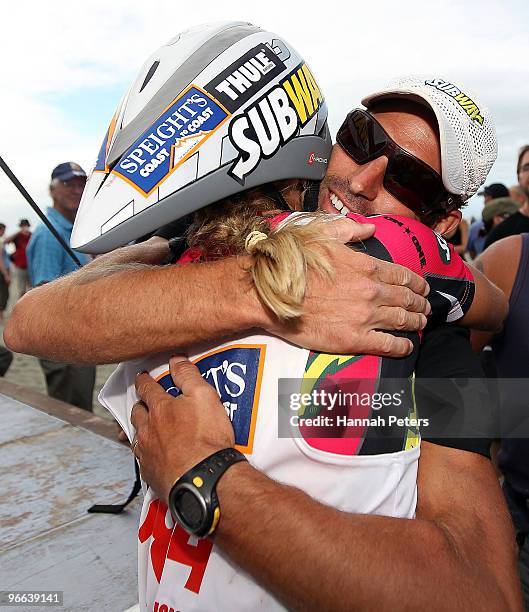 Elina Ussher of Nelson celebrates with her husband Richard Ussher after winning the one day event during the Speight's Coast to Coast on February 13,...