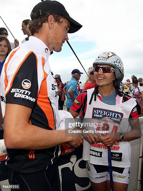 Elina Ussher of Nelson celebrates with Men's winner Gordon Walker after winning the one day event during the Speight's Coast to Coast on February 13,...