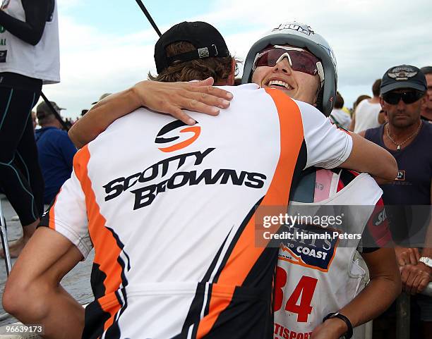 Elina Ussher of Nelson celebrates with Men's winner Gordon Walker after winning the one day event during the Speight's Coast to Coast on February 13,...