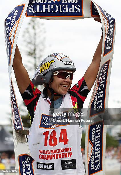 Elina Ussher of Nelson celebrates winning the one day event during the Speight's Coast to Coast on February 13, 2010 in Christchurch, New Zealand.