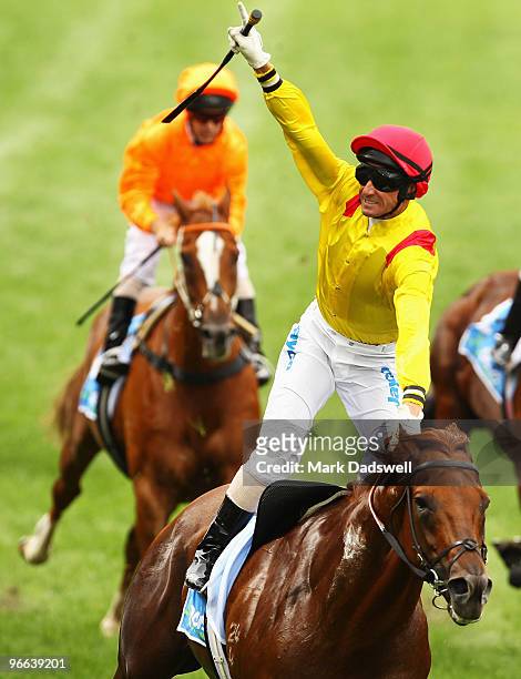 Jockey Glen Boss riding Turffontein wins the Pulse Pharmacy William Reid Stakes during William Reid Stakes Day at Moonee Valley Racecourse on...