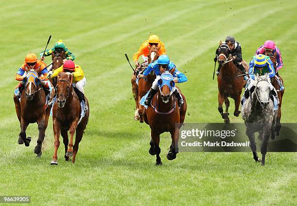 The field runs down the home straight with 100metres to go in the Pulse Pharmacy William Reid Stakes during William Reid Stakes Day at Moonee Valley...