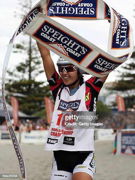 Elina Ussher of Nelson celebrates winning the one day event during the Speight's Coast to Coast on February 13, 2010 in Christchurch, New Zealand.