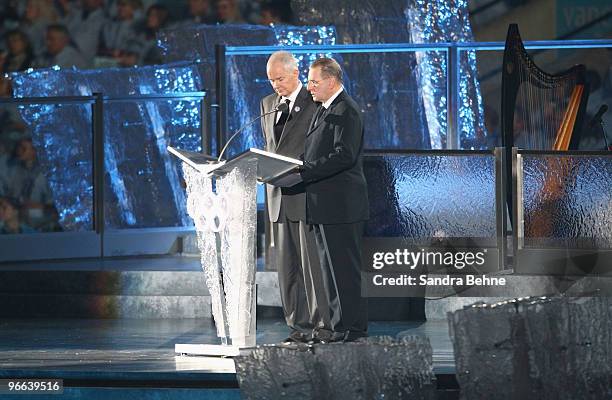 John Furlong and IOC President Jacques Rogge address the crowd during the Opening Ceremony of the 2010 Vancouver Winter Olympics at BC Place on...