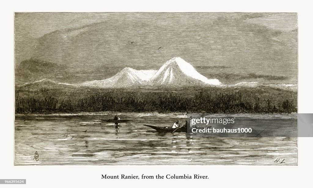 Mount Ranier, from the Columbia River, Washington, United States, American Victorian Engraving, 1872