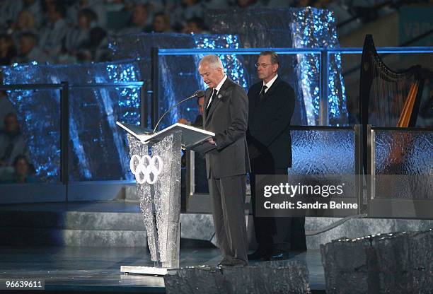 John Furlong and IOC President Jacques Rogge address the crowd during the Opening Ceremony of the 2010 Vancouver Winter Olympics at BC Place on...