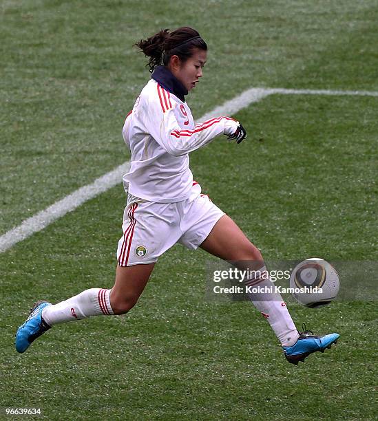 Duan Han of Chinese Taipei kicks the ball during the East Asian Football Federation Women's Championship 2010 match between Chinese Taipei and China...