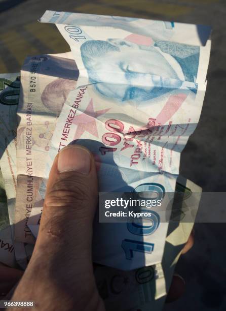 asia, turkey, marmaris area, 2017: view of turkish lira banknotes - turkish lira stock pictures, royalty-free photos & images