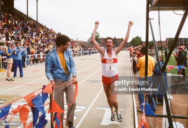 Dick Quax of New Zealand wins the Nike OTC Marathon on September 7, 1980 at Hayward Field in Eugene, Oregon. Quax ran a time of 2:10:47.