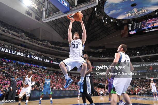 Marc Gasol of the Sophmore team dunks against the Rookie team during 2009 T-Mobile Rookie Challenge and Youth Jam on February 12, 2010 at the...