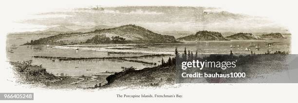 illustrations, cliparts, dessins animés et icônes de îles de porcupine, bay, maine, états-unis frenchman, american victorienne gravure, 1872 - hancock county